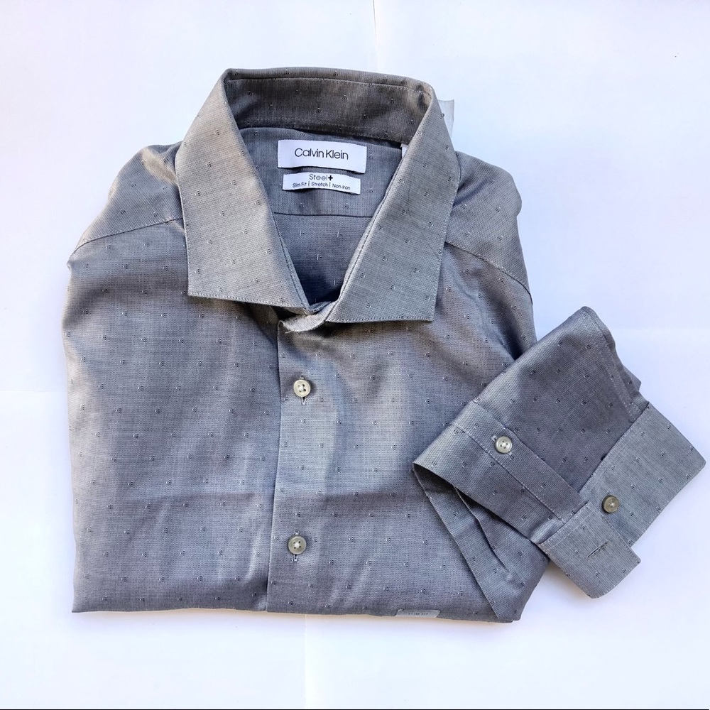 Calvin Klein Slim Fit, Stretch, Men’s Dot Print Dress Shirt, Steel 15 1/2, 34/35